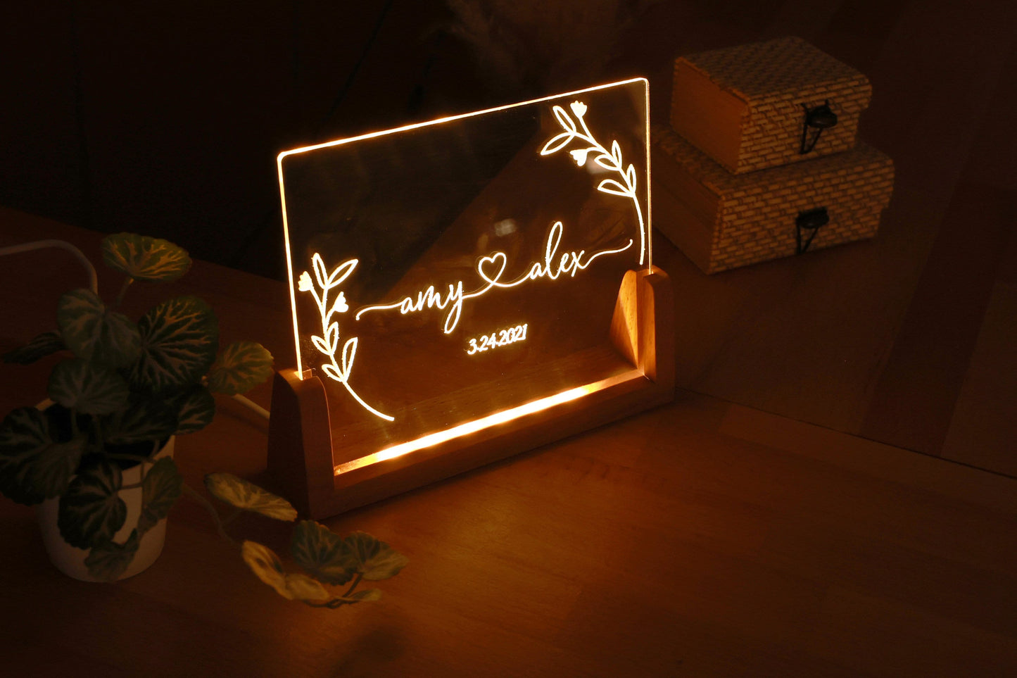 Personalisiertes Blumenpaar-Namens-Plexi-Nachtlicht - Geschenk für frisch vermählte Paare