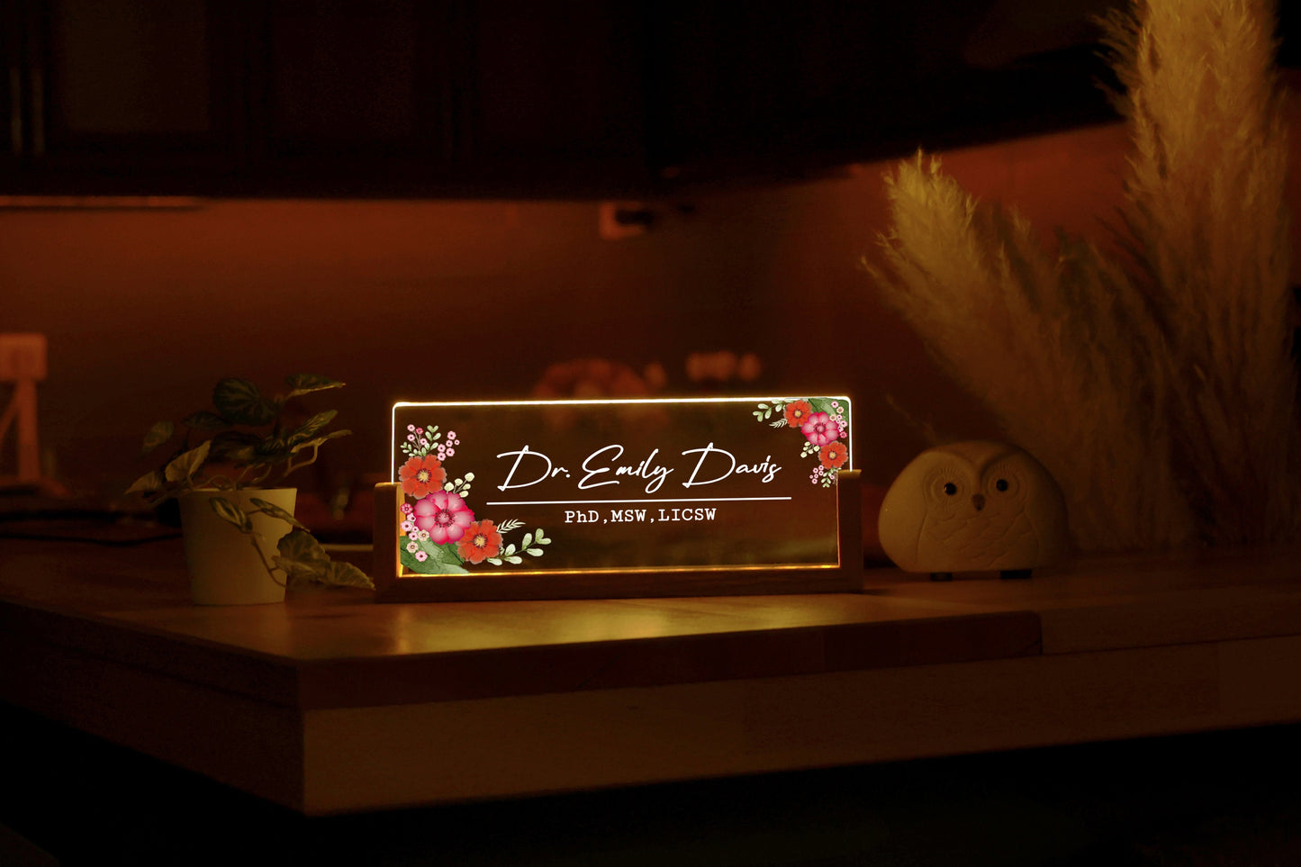 Personalized Desk Name Plate with Wooden Base - Office Gifts for Boss Coworkers