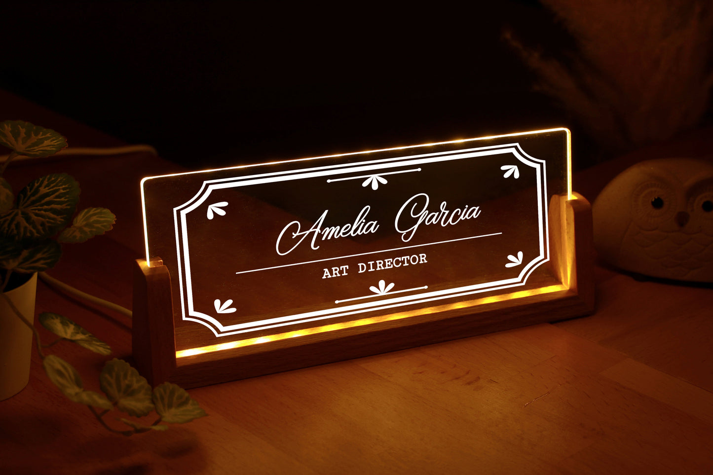 Personalized Desk Name Plate with Wooden Base - Office Gifts for Boss Coworkers