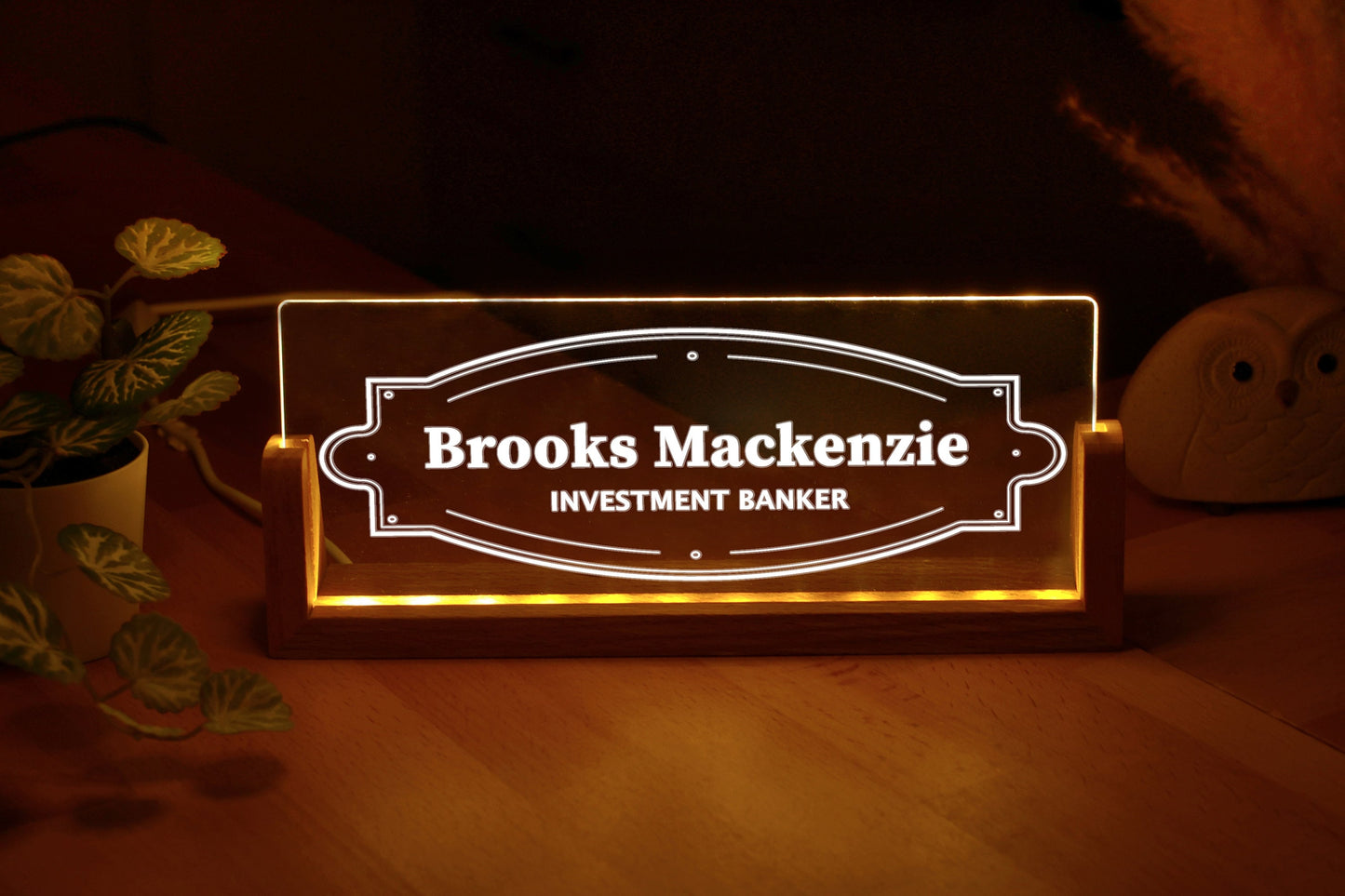 Personalized Desk Name Plate with Wooden Base - Office Gifts for Boss Coworkers
