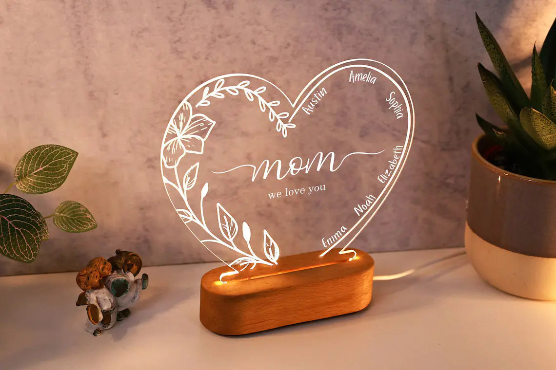 Personalized Night Light with Name or Date: Gift for Mom - Custom LED Glass Nightlight for Mother's Day - Gift for Mum - Mommy's keepsake