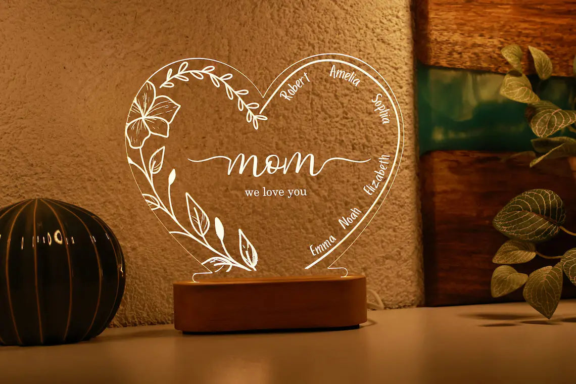 Personalized Night Light with Name or Date: Gift for Mom - Custom LED Glass Nightlight for Mother's Day - Gift for Mum - Mommy's keepsake