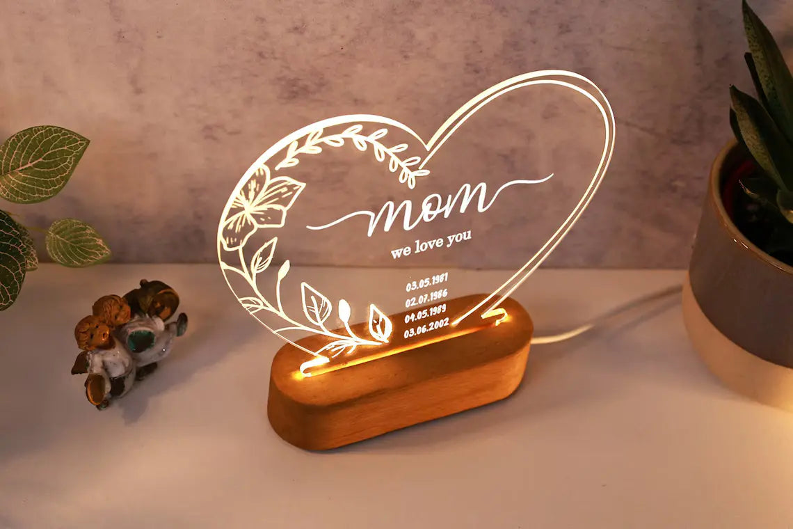 Personalized Night Light with Name or Date: Gift for Mom - Custom LED Glass Nightlight for Mother's Day - Gift for Mum - Mommy's keepsake