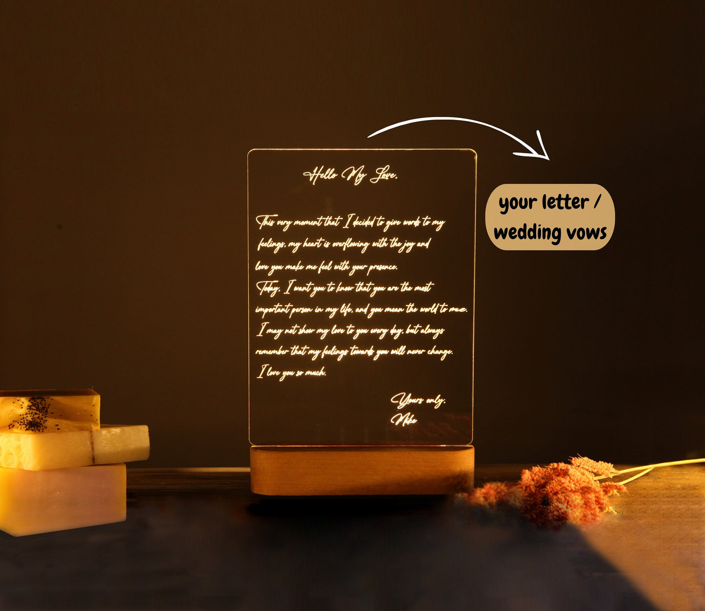 Custom Hand-Written Letter Night Light as Valentines Gift