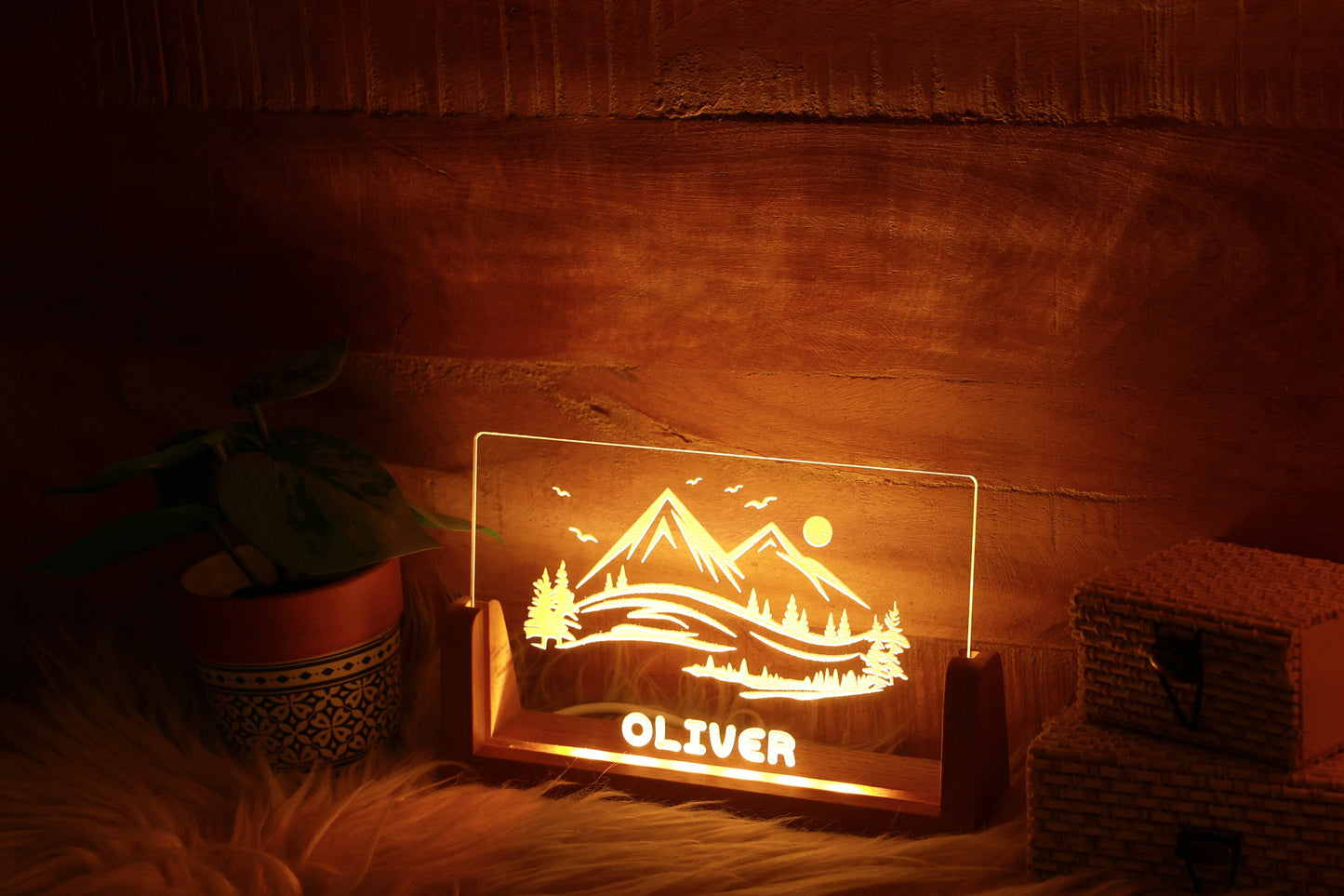 Forest Mountains Custom Name Night Light, Daughter/Son Gift