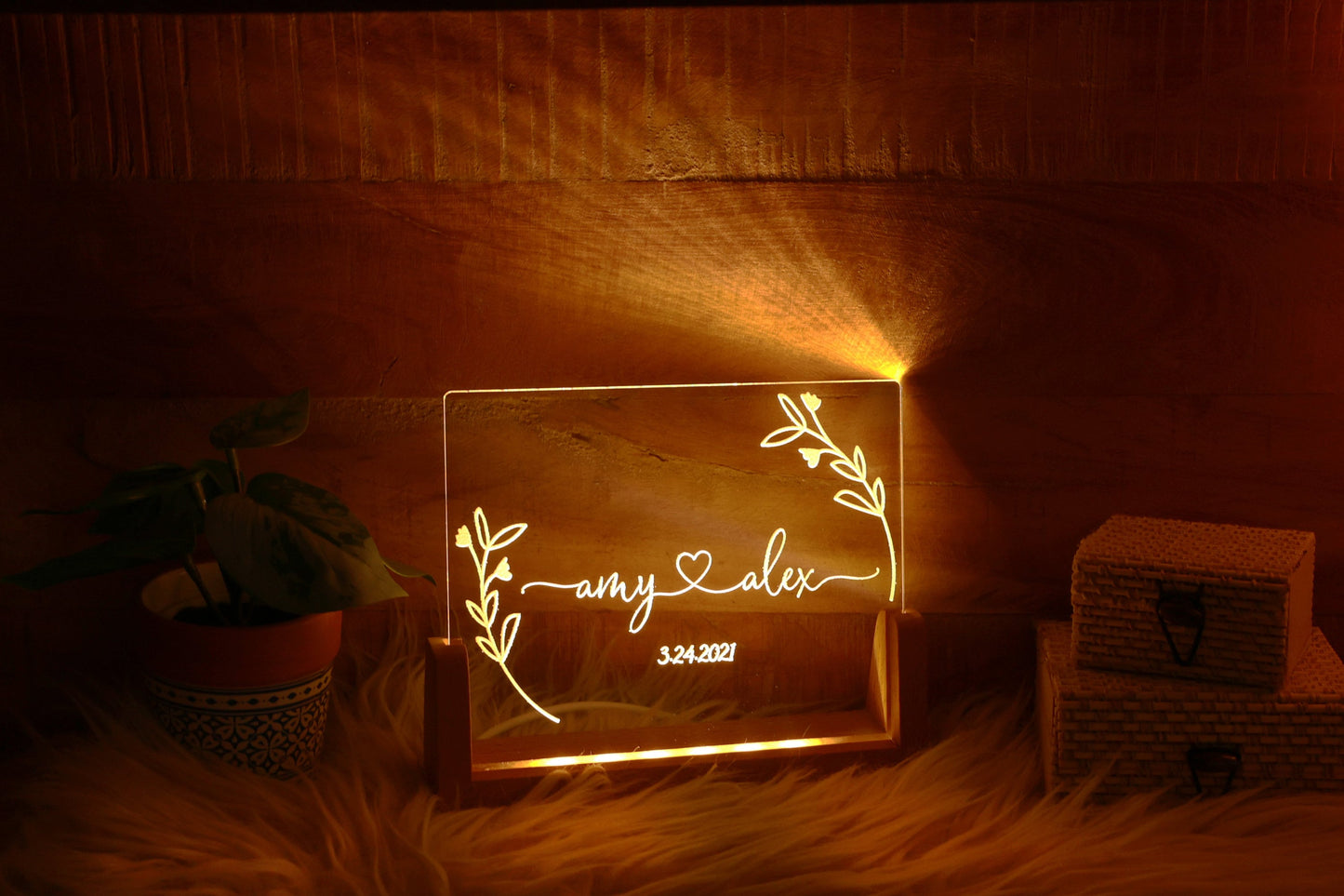 Personalized Floral Couple Name Plexi Night Light - Newly Weds Gift